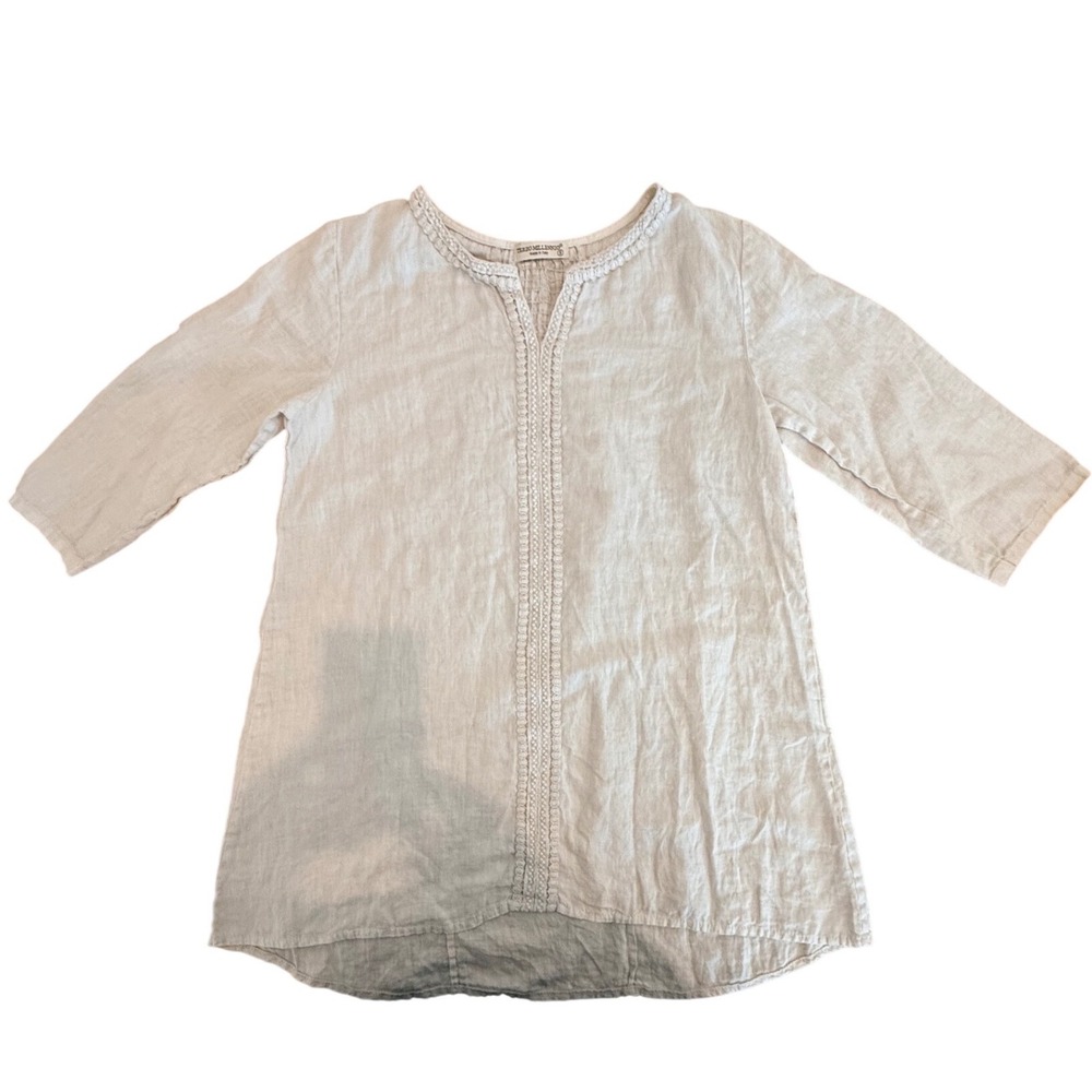 Terzo Millennio Italy Linen‎ Tunic Top Small Beige Crochet Lace 3/4 Sleeve Boho